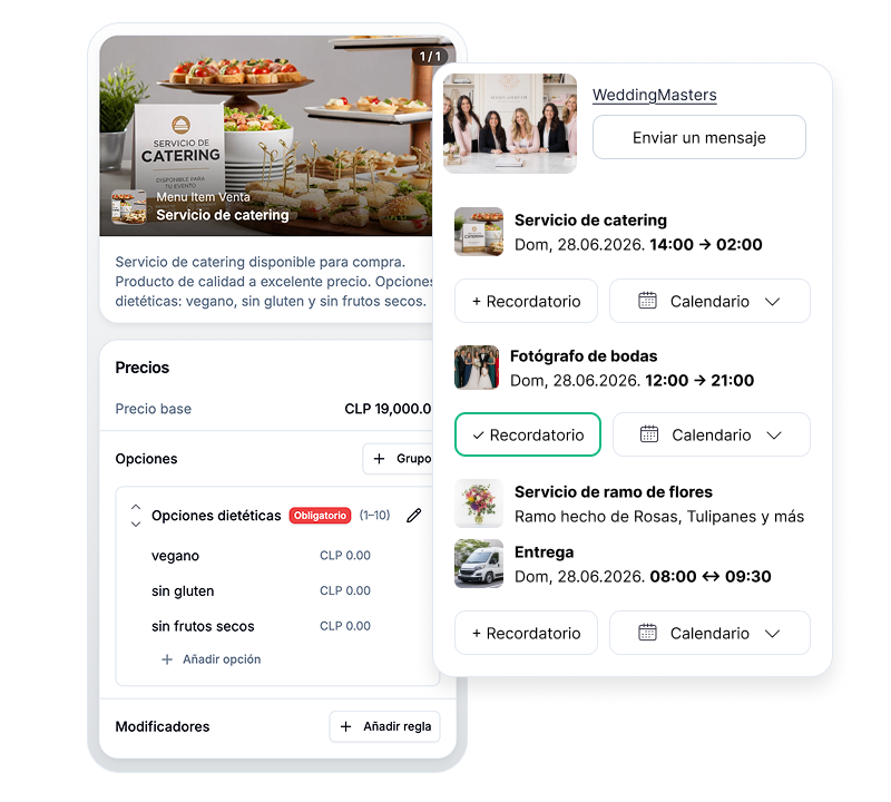 Panel de coordinación de bodas en Vamos — itinerario, vendors y timeline del día D